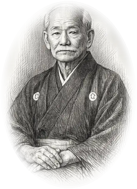Retrato a lápis de Jigoro Kano, fundador do judô, de quimono escuro e mãos cruzadas.