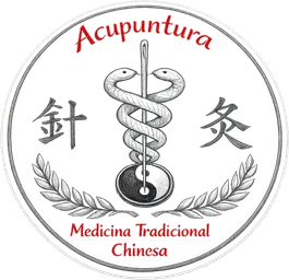 Emblema da Medicina Tradicional Chinesa: agulha com duas serpentes sobre um yin-yang, entre ramos de louro e os ideogramas de acupuntura e moxabustão.